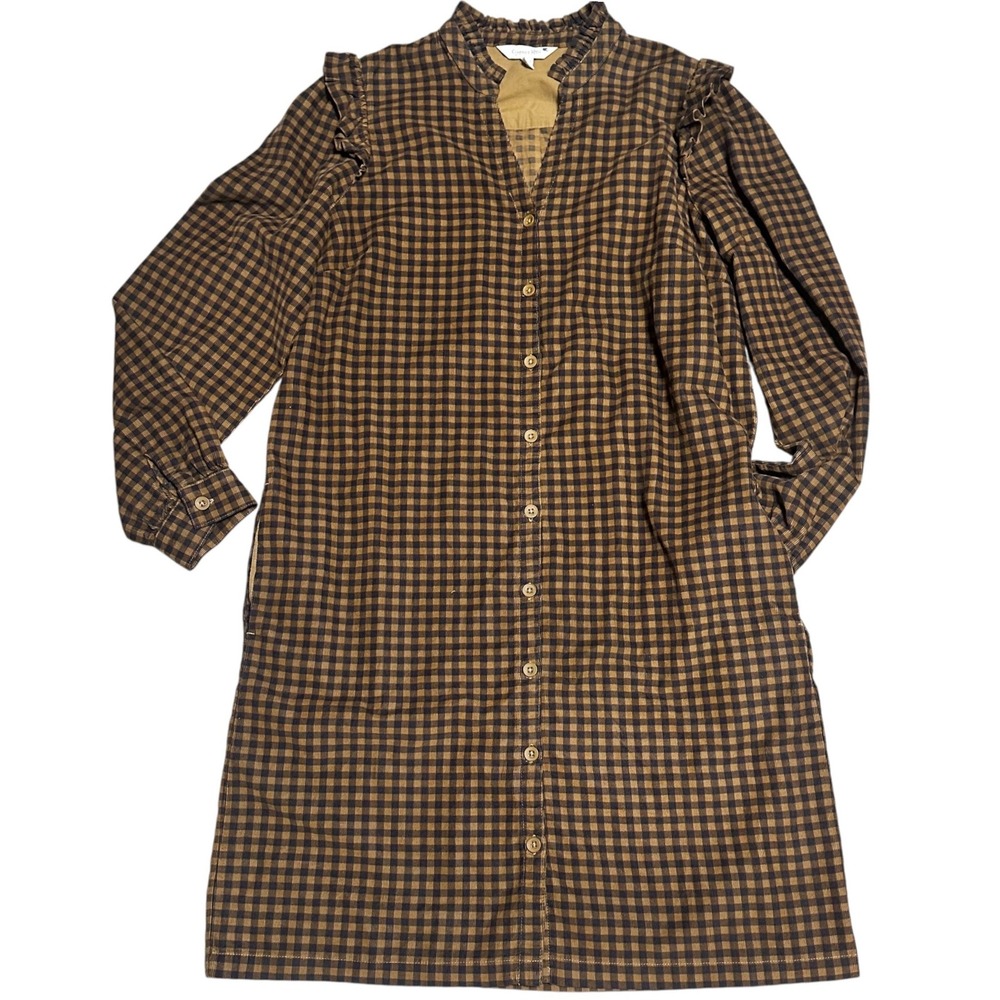 Garnet Hill Prairie Dress Women Small Brown Excellent Micro-Corduroy Gingham 80s